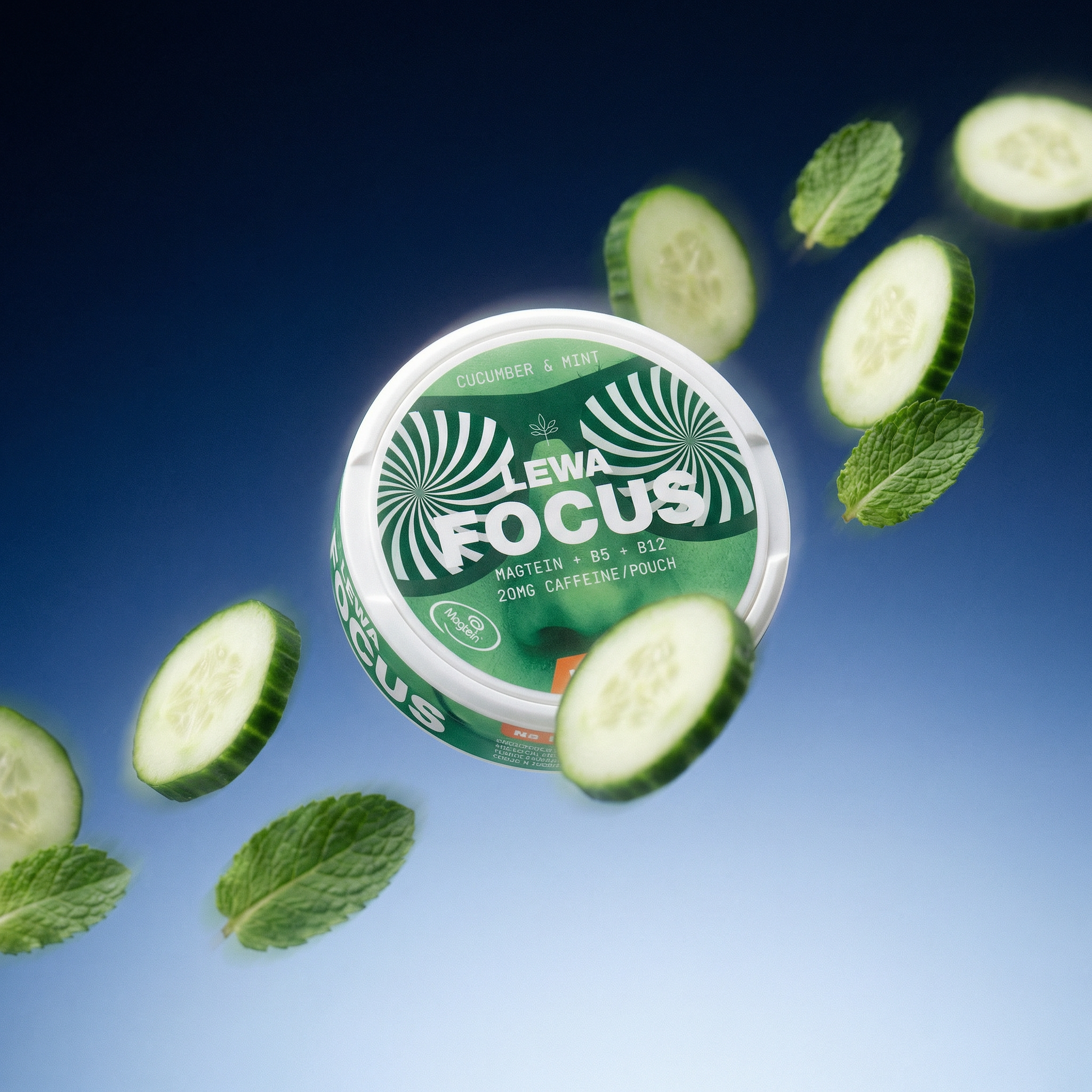 LEWA FOCUS energy pouch with cucumber slices and mint leaves on a blue background