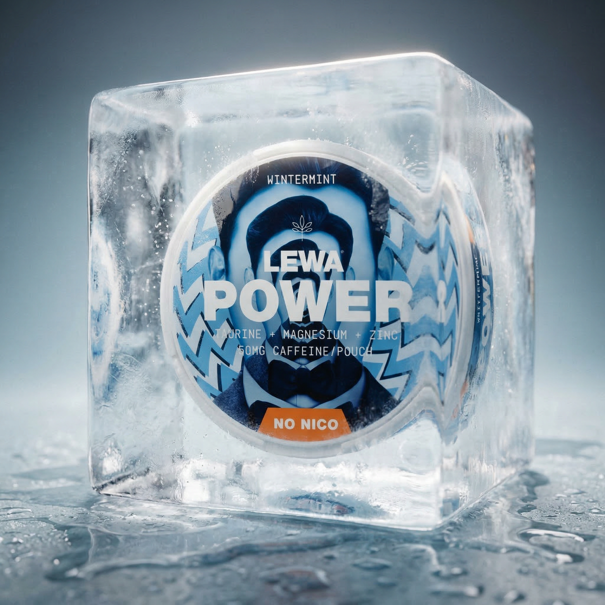 LEWA POWER product encased in ice with a dark background